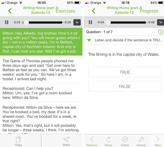 LearnEnglish Podcast jest propozycją wyłącznie dla osób chcących doskonalić swój angielski - znajomość co najmniej podstaw tego języka jest tu konieczna. Aplikacja oferuje treści w formie podcastów oraz dopasowanych do nich zadań, których trudność można dostosować do posiadanych umiejętności. Lektorzy występujący w nagraniach wypowiadają się w sposób staranny i z doskonałą dykcją, co zdecydowanie ułatwia naukę nowych słów czy zwrotów.