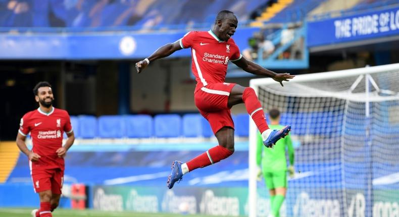 Liverpool's Sadio Mane celebrates after scoring their second goal against Chelsea