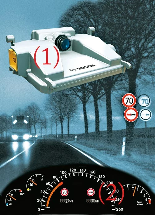 W samochodach klasy wyższej specjalna kamera (1) i komputer rozpoznają znaki drogowe i pokazują je na wyświetlaczu (2). fot. Bosch.