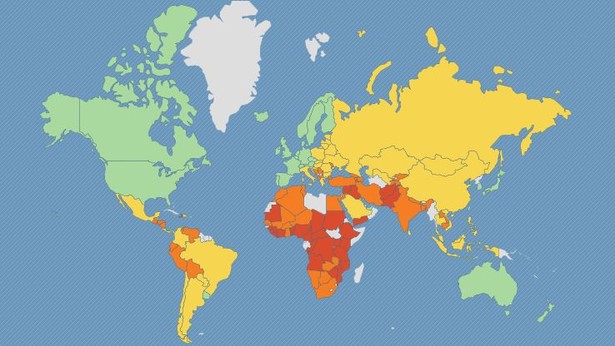 Kraje świata według „The 2013 Legatum Prosperity Index”. Na zielono oznaczono najlepsze kraje z pierwszej 30. rankingu. Na żłóto - kraje o pozycji średniej-wyższej (41 państw), na pomarańczowo kraje o pozycji średniej-niższej (41 państw), na czerwono kraje o najgorszej pozycji (30 państw). Źródło: Legatum Institute.