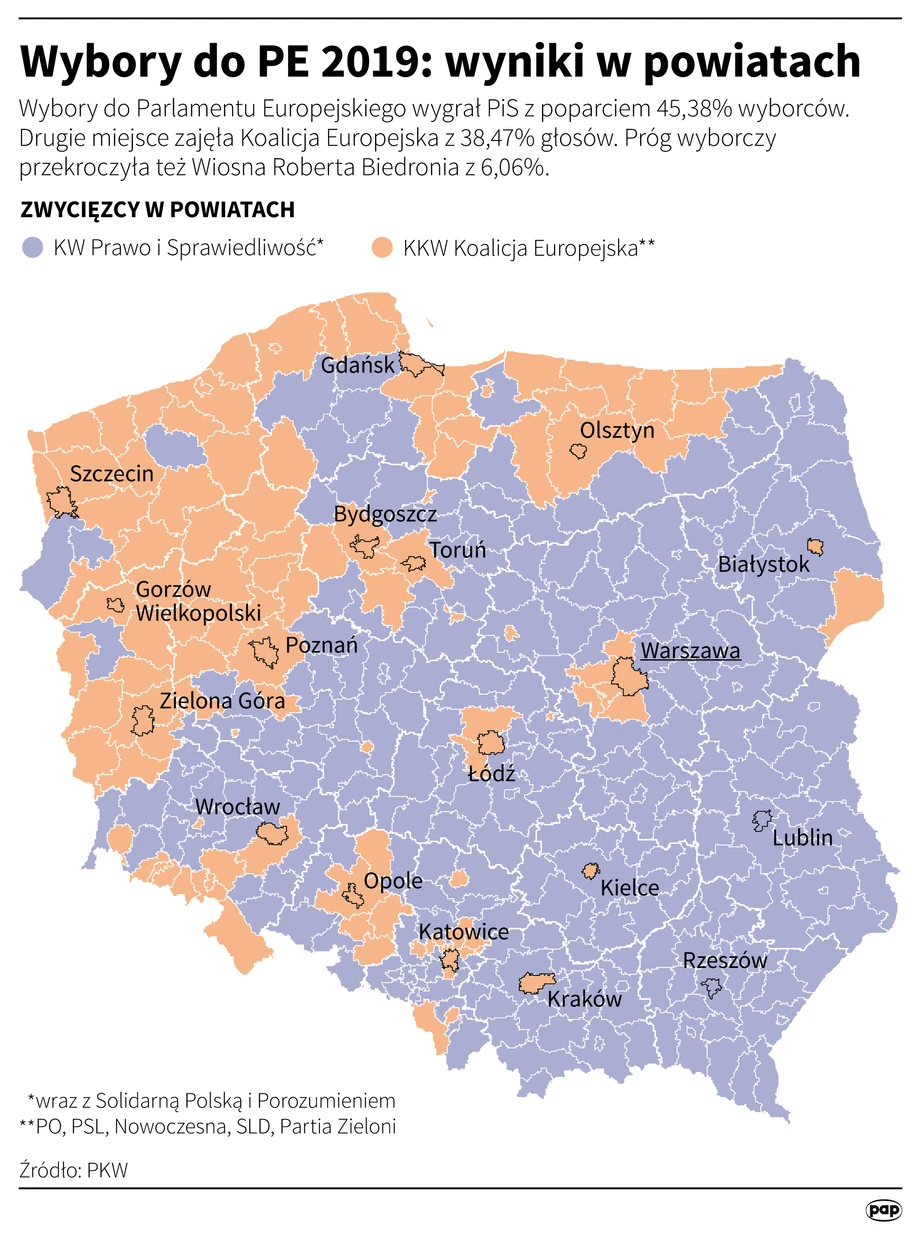 Wyniki wyborów do Parlamentu Europejskiego 2019 - mapa