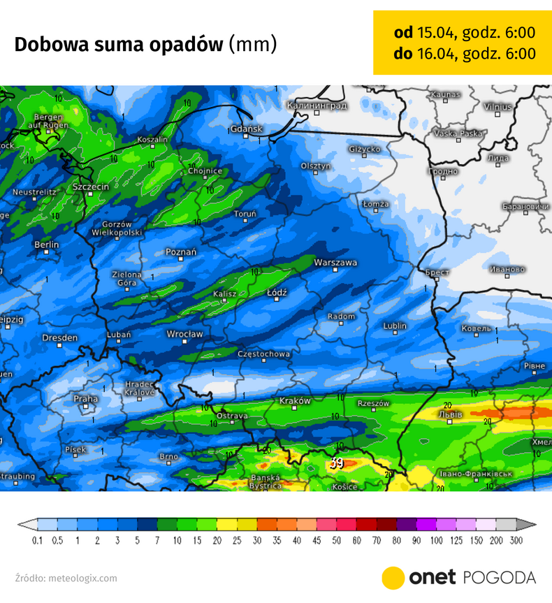 Prognozowana suma opadów w Polsce do wtorkowego poranka