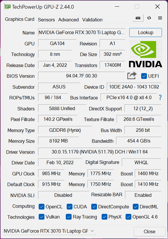 Asus ROG Strix SCAR 15 (G533ZW) – GPU-Z – specyfikacja RTX 3070 Ti Laptop GPU [150W]