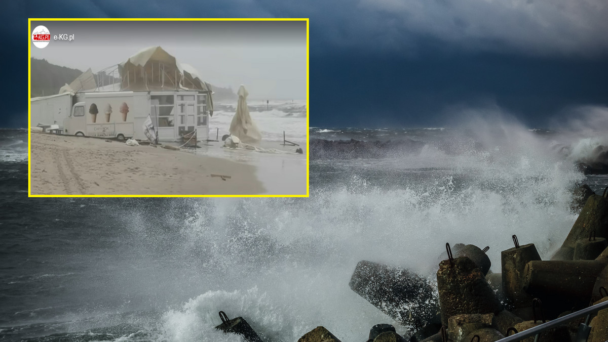 Potężny sztorm na Bałtyku. Woda zalewa plaże, a wiatr łamie gałęzie [WIDEO]