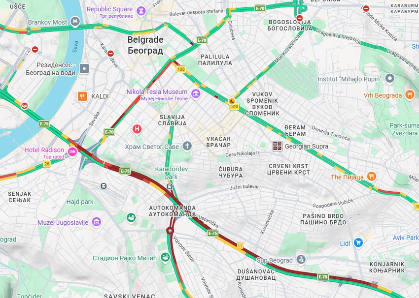 Mapa gužvi u gradu oko 9.10 časova