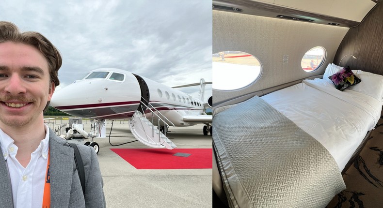 The author, the Gulfstream G700, and its onboard bedroom.Pete Syme/Business Insider