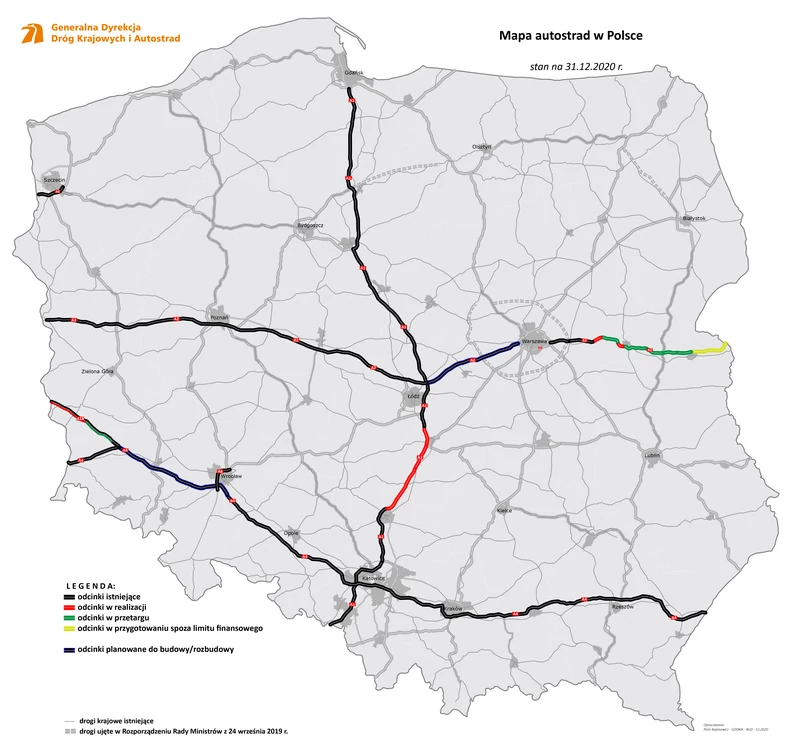 Mapa autostrad w Polsce - stan na 31.12.2020 r.