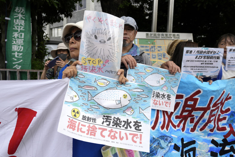 Protest przed siedzibą japońskiego premiera przeciwko zrzutowi skażonej wody z Fukushimy