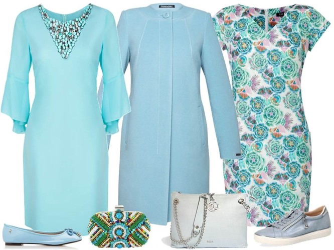 STYLIZACJE na wielkanoc 2019: niebieska sukienka z falbaniastym rękawem – Modern Line/modernline.pl, płaszcz – Dziekański/dziekanski.pl, wzorzysta sukienka – Midori Feminine Fashion/midori.pl baletki – Menbur/menbur.pl, koralikowe puzderko – Menbur/menbur.pl, błękitna torebka – Boca/boca.pl, tenisówki – Caprice/caprice.pl