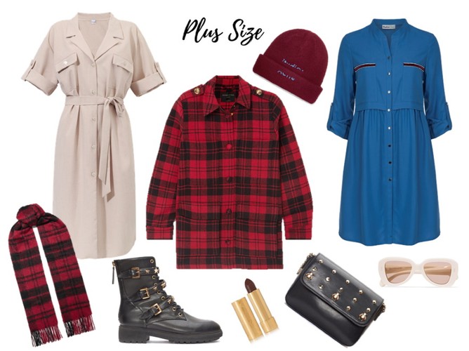 Modny styl grunge na jesień 2019 niebieska sukienka - Modern Line/ modernline.pl, beżowa sukienka - Grandio/grandio.pl, koszula - TK MAXX, buty i torebka - Menbur/menbur.pl, pozostałe dodatki - TK MAXX