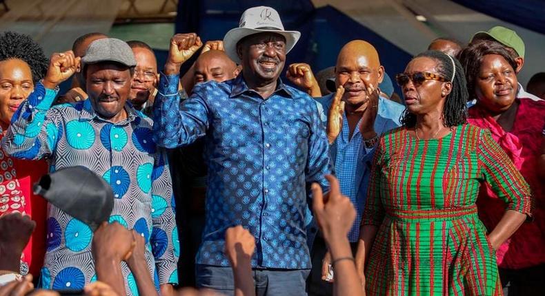 File image of Azimio la Umoja leaders Raila Odinga, Kalonzo Musyoka and Martha Karua at a public rally