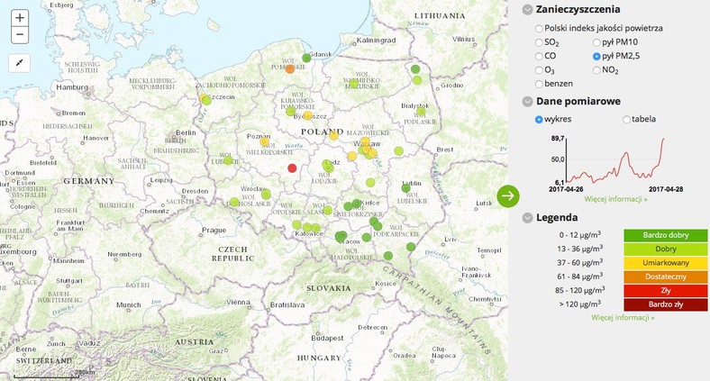 Stężenie pyłu PM 2,5 - 2017-04-28 od godziny 04:00 do 05:00