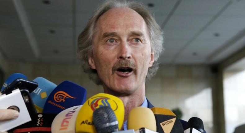 United Nations special envoy to Syria Geir Pedersen speaks to journalists upon his arrival in the Syrian capital Damascus on September 22, 2019. Pedersen is set to meet with Syria's Foreign Minister Walid Muallem tomorrow for fresh talks on forming a committee tasked with drafting a new constitution for the war-ravaged country.