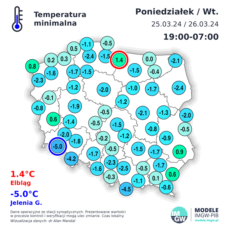 Temperatura minimalna w Polsce ubiegłej nocy