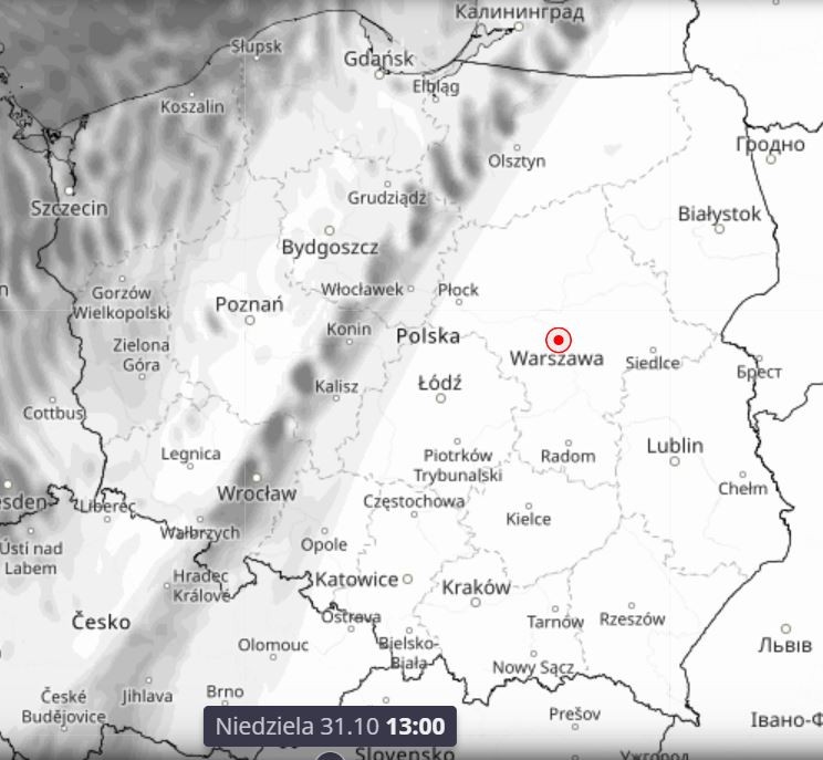 Zachmurzenie nad Polską w niedzielę 31 października o godz. 13