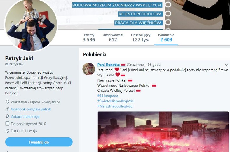  Oficjalny profil Patryka Jakiego i polubiony wpis