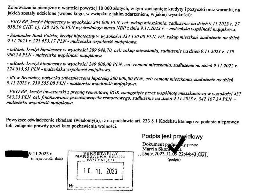 Fragment oświadczenia majątkowego Marcina Skonieczki