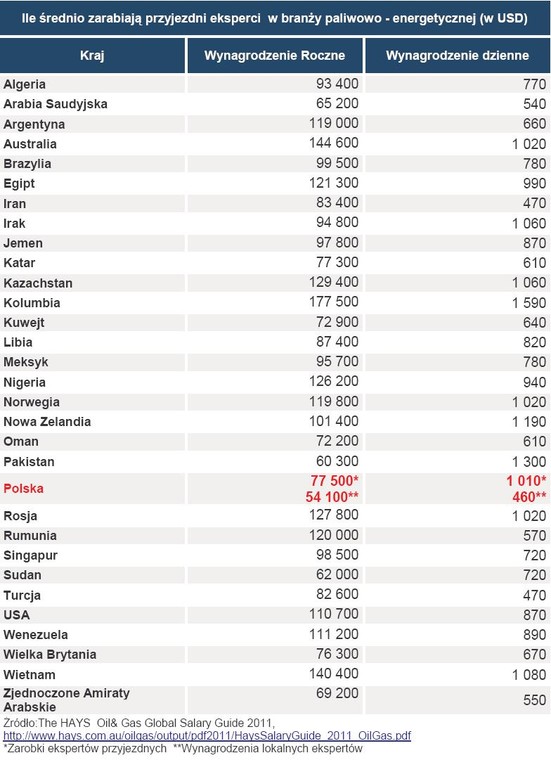 Ile średnio zarabiają przyjezdni eksperci  w branży paliwowo - energetycznej (w USD)