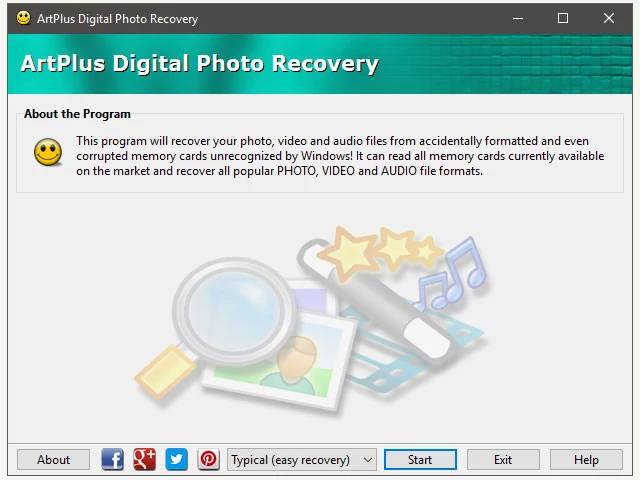 Główne okno programu do odzyskiwania zdjęć cyfrowych - ArtPlus Digital Photo Recovery