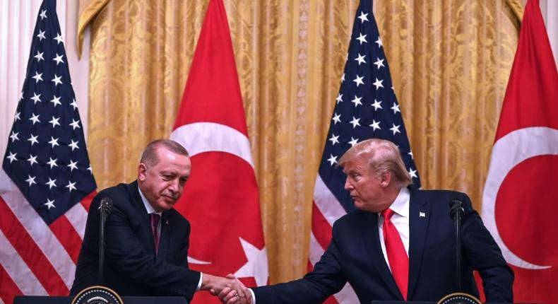 Standing next to US President Donald Trump at the White House in November 2019, Turkey's President Recep Tayyip Erdogan (L) warned that allegations are being used in order to dynamite our reciprocal and bilateral relations