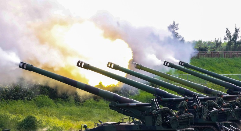 Self-propelled howitzers during live ammunition training at a coastal area in Taichung, Taiwan, on August 8, 2024.Photo by Daniel Ceng/Anadolu via Getty Images