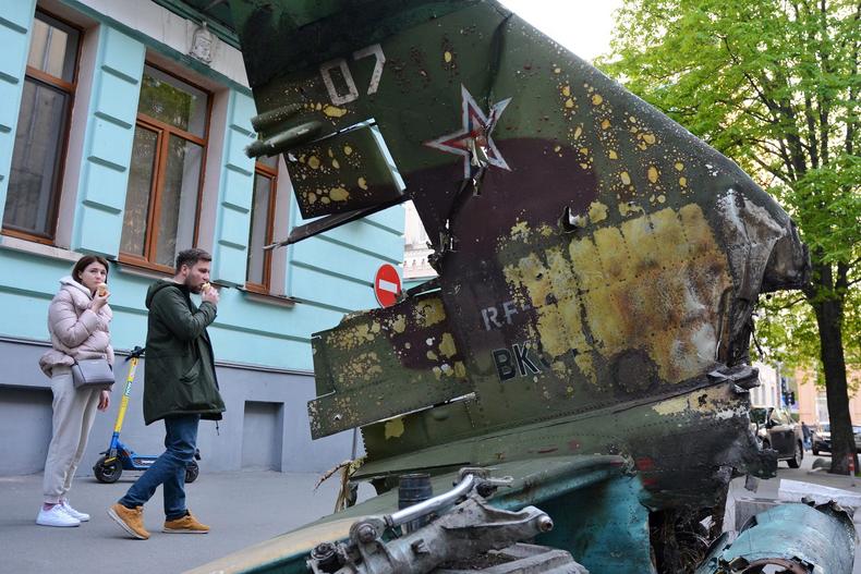 The tail of a downed Russian Su-25 attack jet on display in Kyiv in May.Aleksandr Gusev/SOPA Images/LightRocket via Getty Images