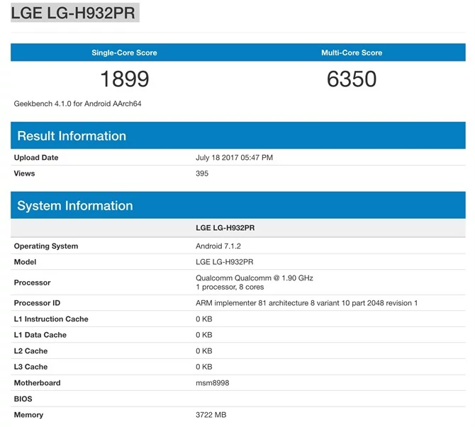 LG V30 pod nazwą LGE LG-H932PR w Geekbench