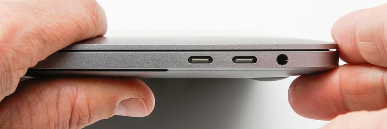 Łączność: po każdej stronie znajdują się dwa gniazda USB-C z Thunderbolt 3 i DisplayPort, po prawej stronie dodatkowo znajduje się minijack dla słuchawek albo headseta