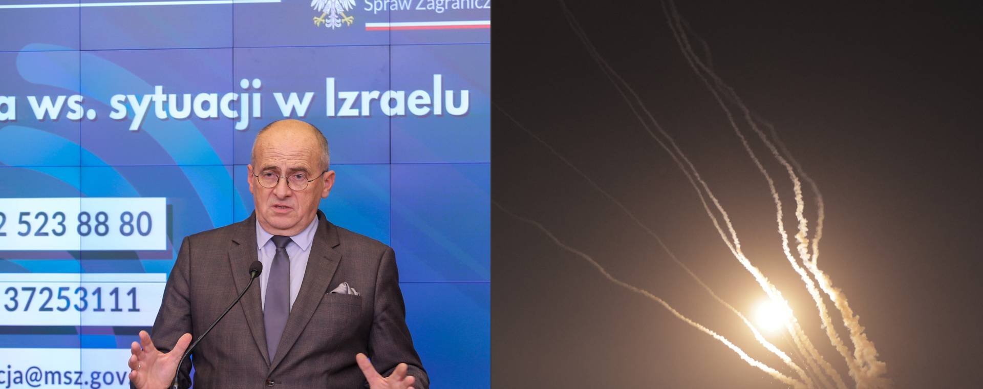 Na zdjęciu minister spraw zagranicznych Zbigniew Rau oraz rakiety lecące ze Strefy Gazy w maju 2023 r.