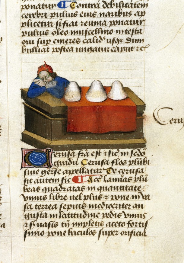 Manuskrypt z 1458 r. z przedstawieniem sprzedawcy bieli ołowiowej, która służyła do bielenia twarzy