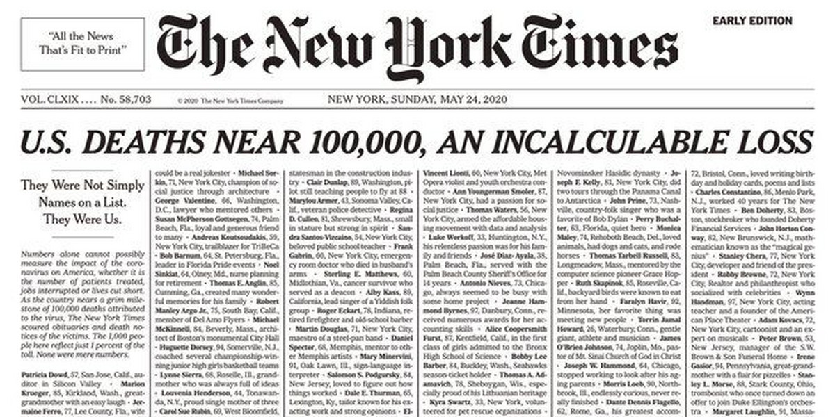 Fragment okładki "The New York Times" upamiętniającej ofiary koronawirusa