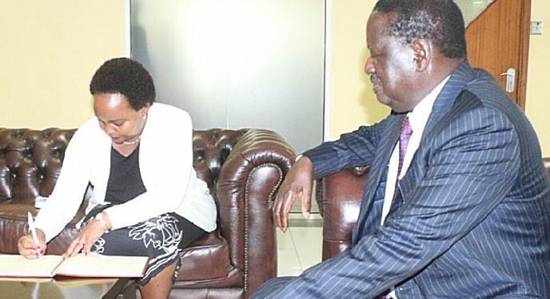 ODM Party leader Raila Odinga with governor Anne Waiguru