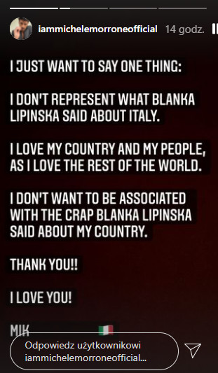 Michele Morrone odpowiedział Blance Lipińskiej na Instagramie