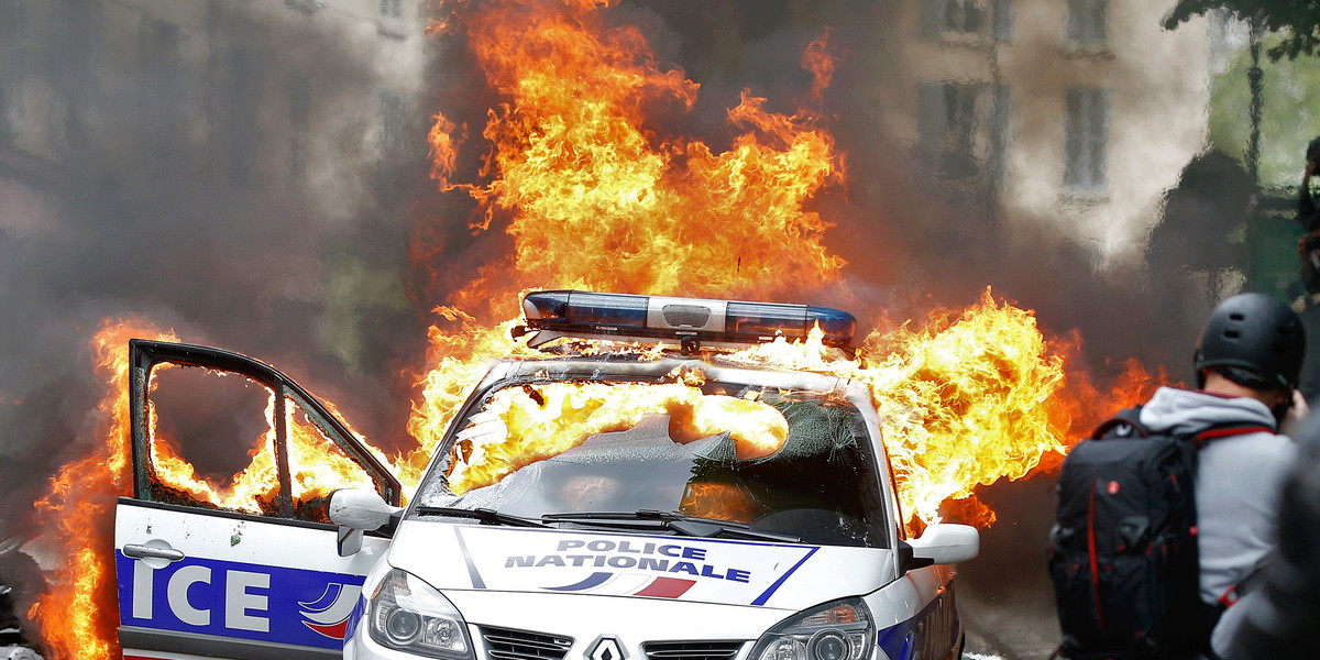 A police car seen during a demonstration against police violence and against French labor law reform in Paris.