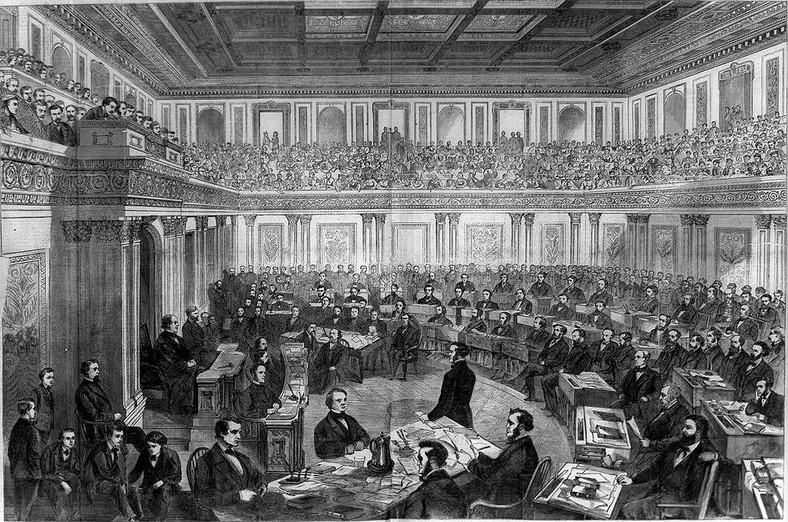 Senat debatuje nad odwołaniem prezydenta Johnsona. Ilustracja opublikowana przez magazyn Harper's Weekly