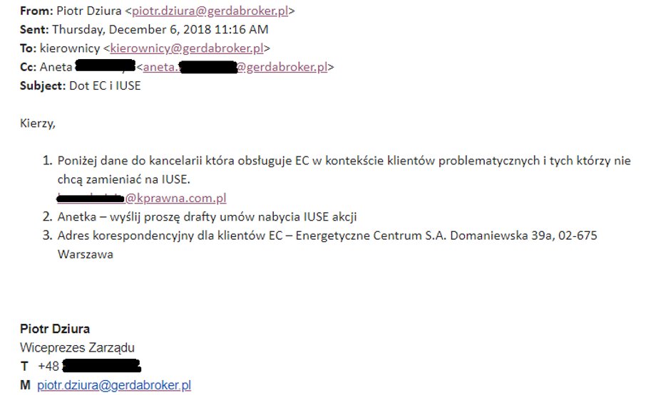 Wiceprezes Gerdy informuje kierowników, która kancelaria obsługuje "problematycznych" klientów. Chodzi o posiadaczy obligacji spółki Energetyczne Centrum, która w grudniu 2018 roku ogłosiła upadłość.