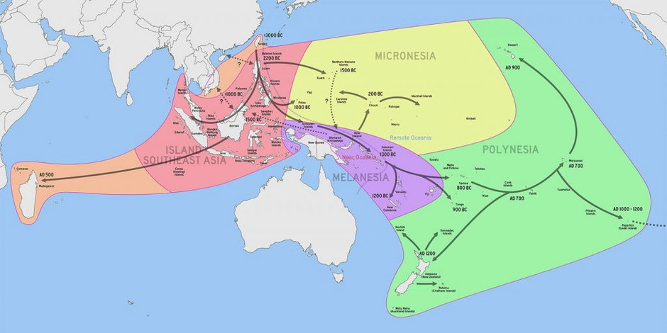 Zasięg kolonizacji malajsko-polinezyjskiej według jednej z obecnie stosowanych chronologii.