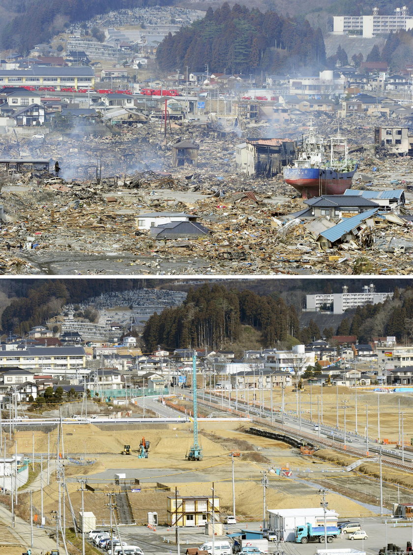 Kesennuma w prefekturze Miyagi. Zdjęcia zrobiono 17 marca 2011 roku i 17 stycznia 2016 roku.