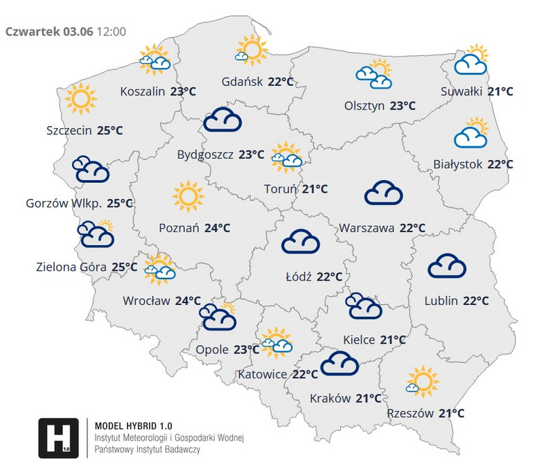 Prognoza pogody dla Polski - czwartek, 12:00 (IMGW)