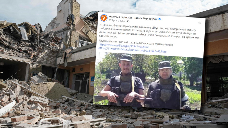 Fanis Zarifułlin (po lewej). W tle zniszczenia w Ukrainie 