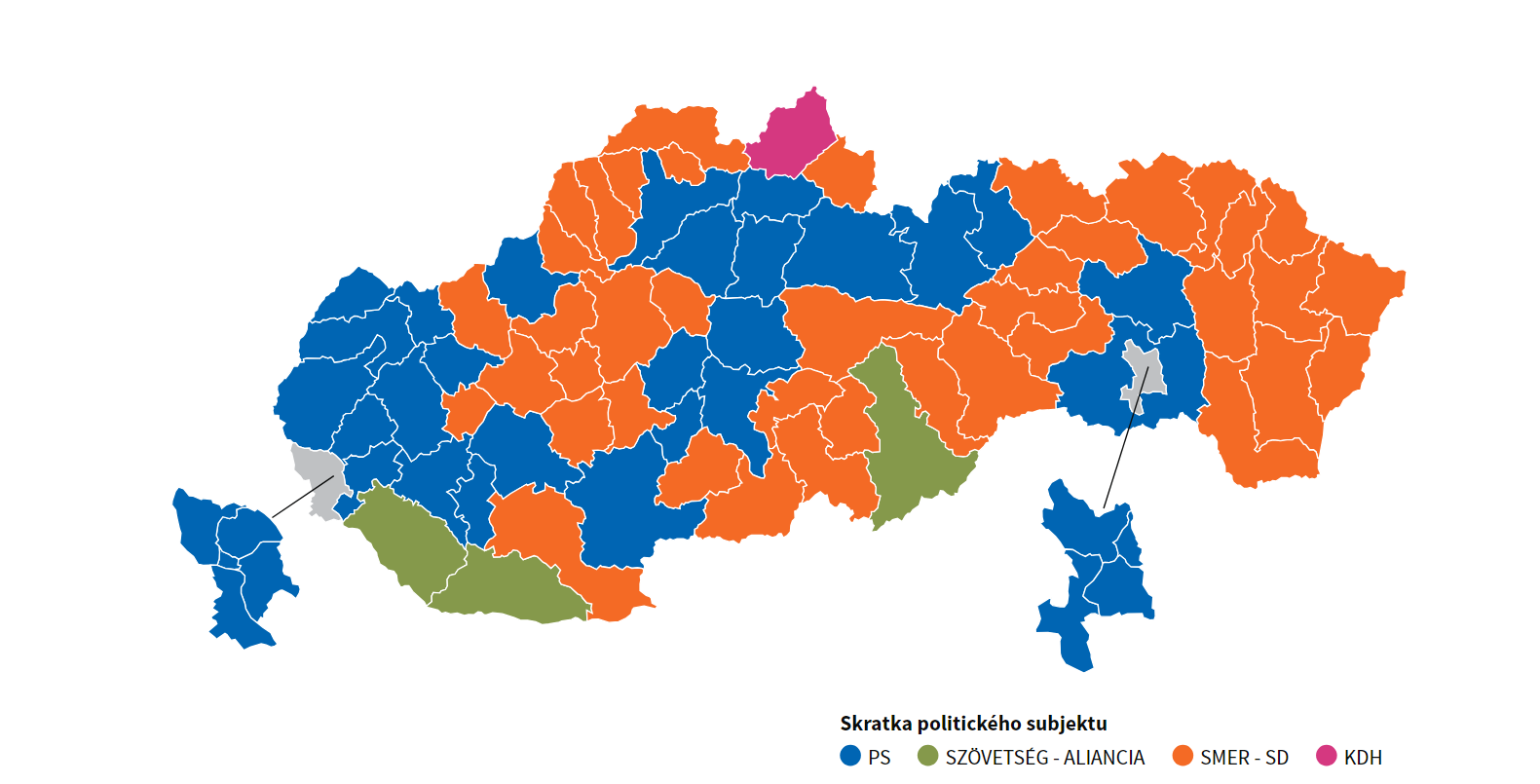 Politické subjekty s najväčším počtom platných hlasov v jednotlivých okresoch a obciach.
