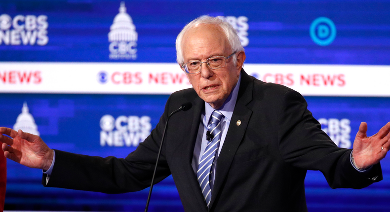 Democratic presidential candidates Sen. Bernie Sanders, I-Vt., speaks during a Democratic presidential primary debate at the Gaillard Center, Tuesday, Feb. 25, 2020, in Charleston, S.C., co-hosted by CBS News and the Congressional Black Caucus Institute. (AP Photo/Patrick Semansky)