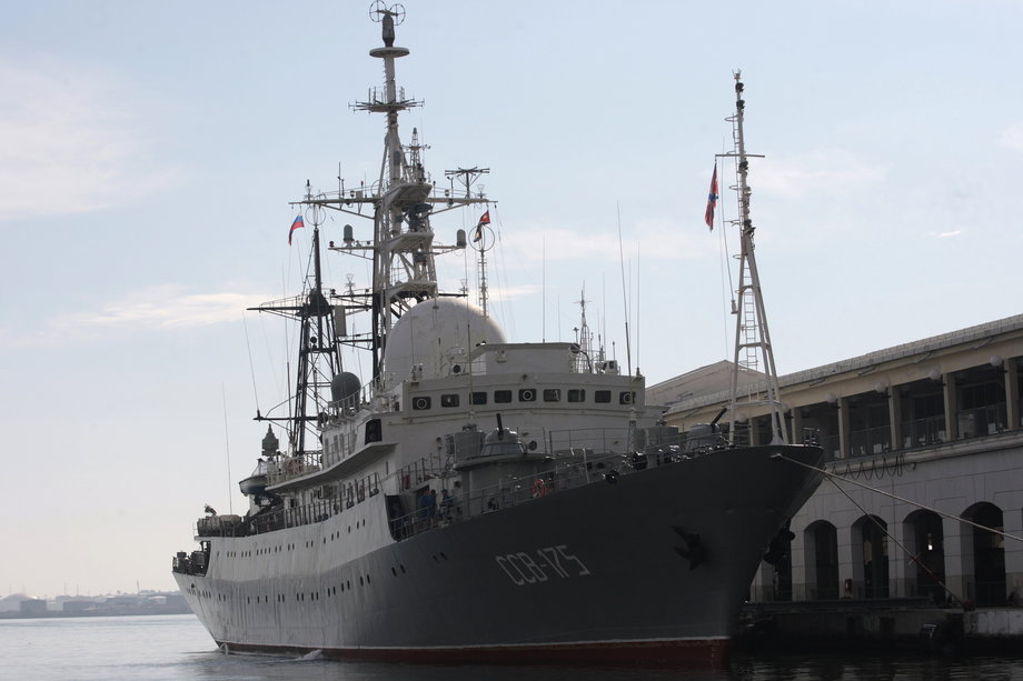 A Russian spy ship Viktor Leonov SSV-175, is seen docked at a Havana port February 27, 2014. A Russian spy ship quietly slipped into Havana Bay earlier this week and was docked at a cruise ship terminal on Thursday, its crew casually taking in the view of the old colonial section of the Cuban capital as passers-by gawked.