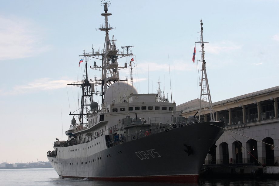 A Russian spy ship Viktor Leonov SSV-175, is seen docked at a Havana port February 27, 2014. A Russian spy ship quietly slipped into Havana Bay earlier this week and was docked at a cruise ship terminal on Thursday, its crew casually taking in the view of the old colonial section of the Cuban capital as passers-by gawked.