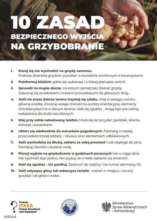 10 zasad bezpiecznego grzybobrania (źródło: policja.gov.pl)
