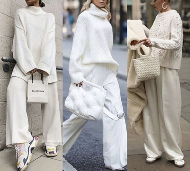 W sezonie zima 2023/2024 będą królowały białe spodnie o szerokich nogawkach (fot. Pinterest.com)