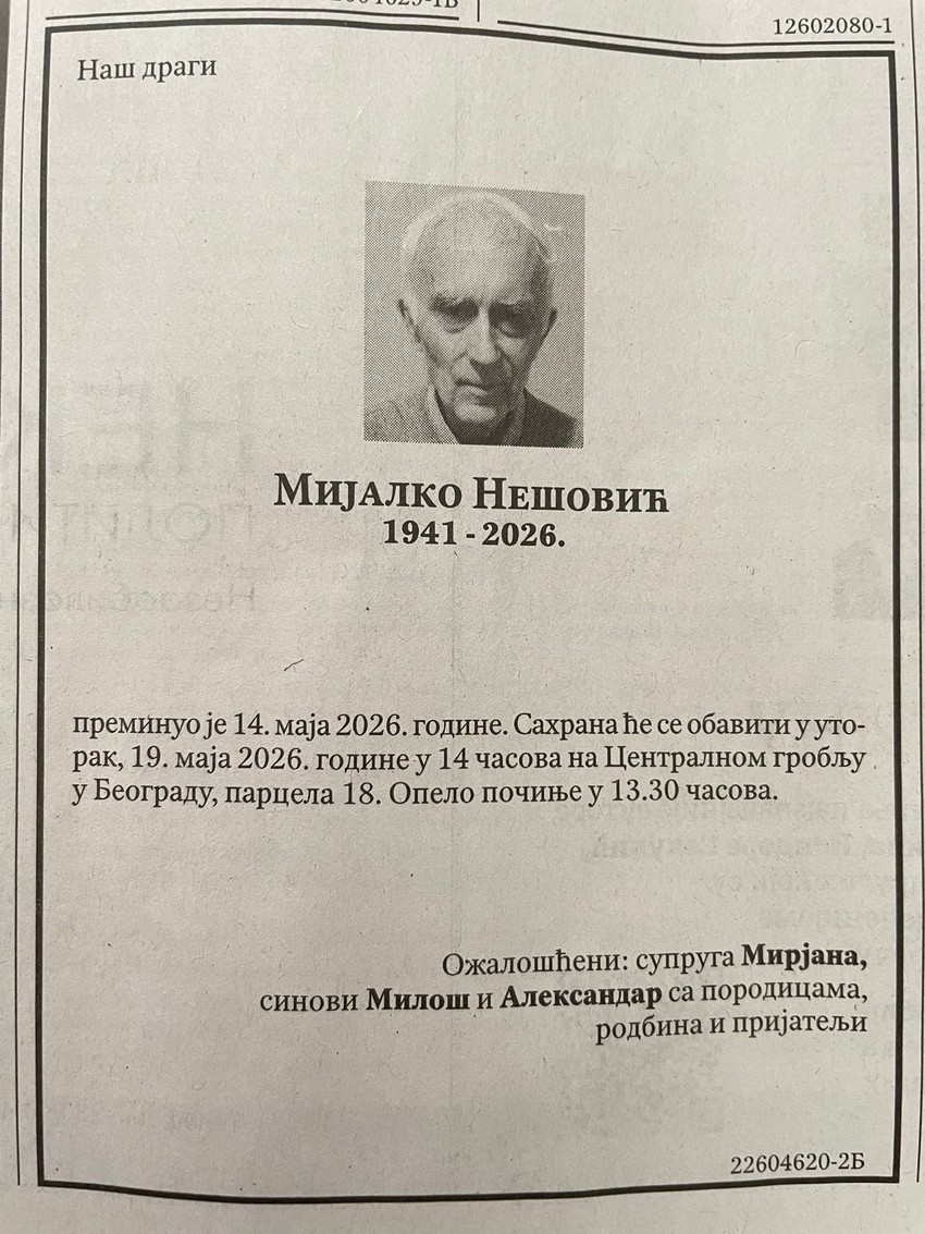 Čitulja za oca Aleksandra Nešovića