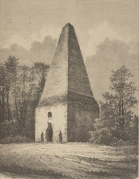 Drzeworyt Jana Krajewskiego z 1883 roku przedstawiający tzw. Grobisko ariańskie – piramidę w Krynicy w Lubelskiem-domena publiczna
