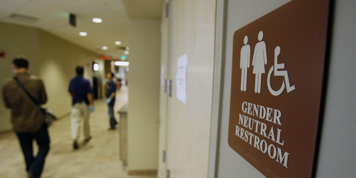In this Aug. 23, 2007 file photo, a sign marks the entrance to a gender neutral restroom at the University of Vermont in Burlington, Vt.