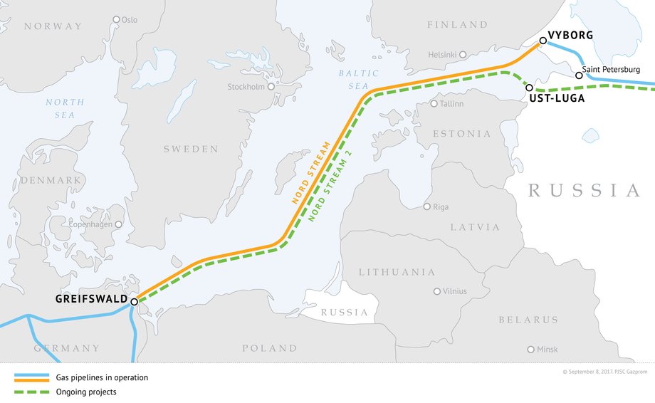 Mapa przebiegu tras Nord Stream I i II